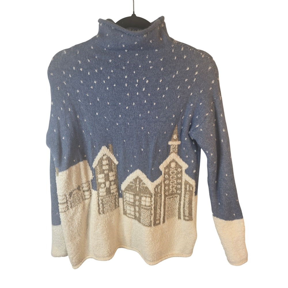 Cupcakes and Cashmere Blue Winter Village Snow Scene Mock Neck Sweater Womens XS